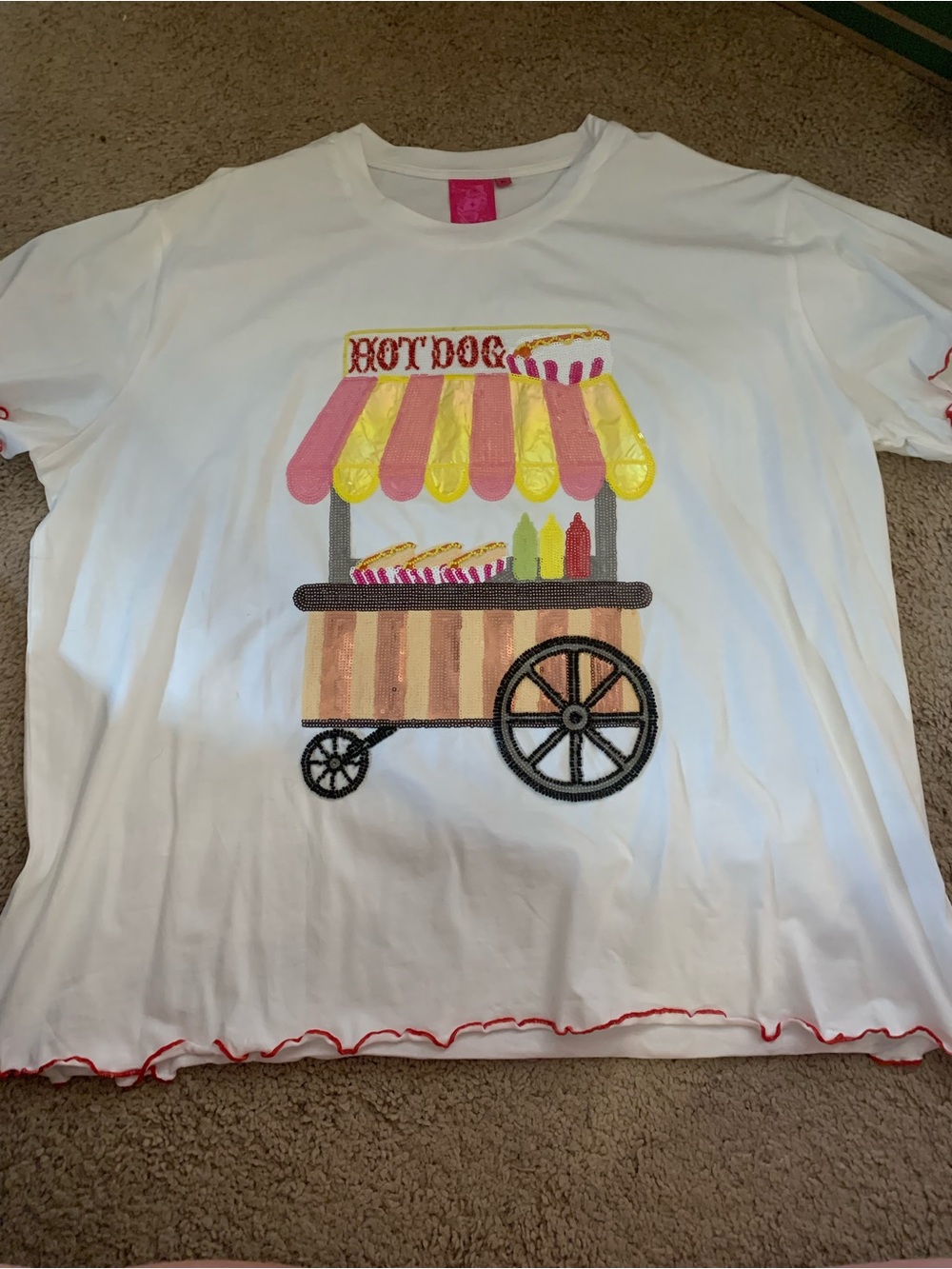 QUEEN OF SPARKLES White Tee with Pink & Yellow Hot Dog Cart Graphic
